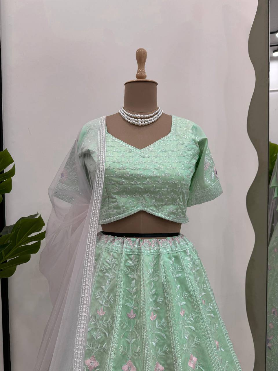 Sky Blue Elegant Mono Banglory Thread & Sequin Embroidered Lehenga Choli Set with Fancy Dupatta ClothsVilla