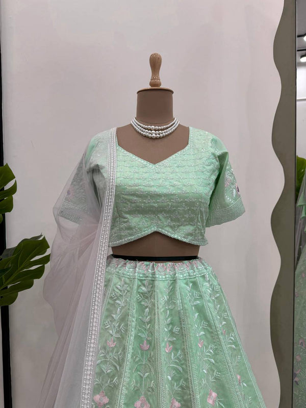 Sky Blue Elegant Mono Banglory Thread & Sequin Embroidered Lehenga Choli Set with Fancy Dupatta ClothsVilla