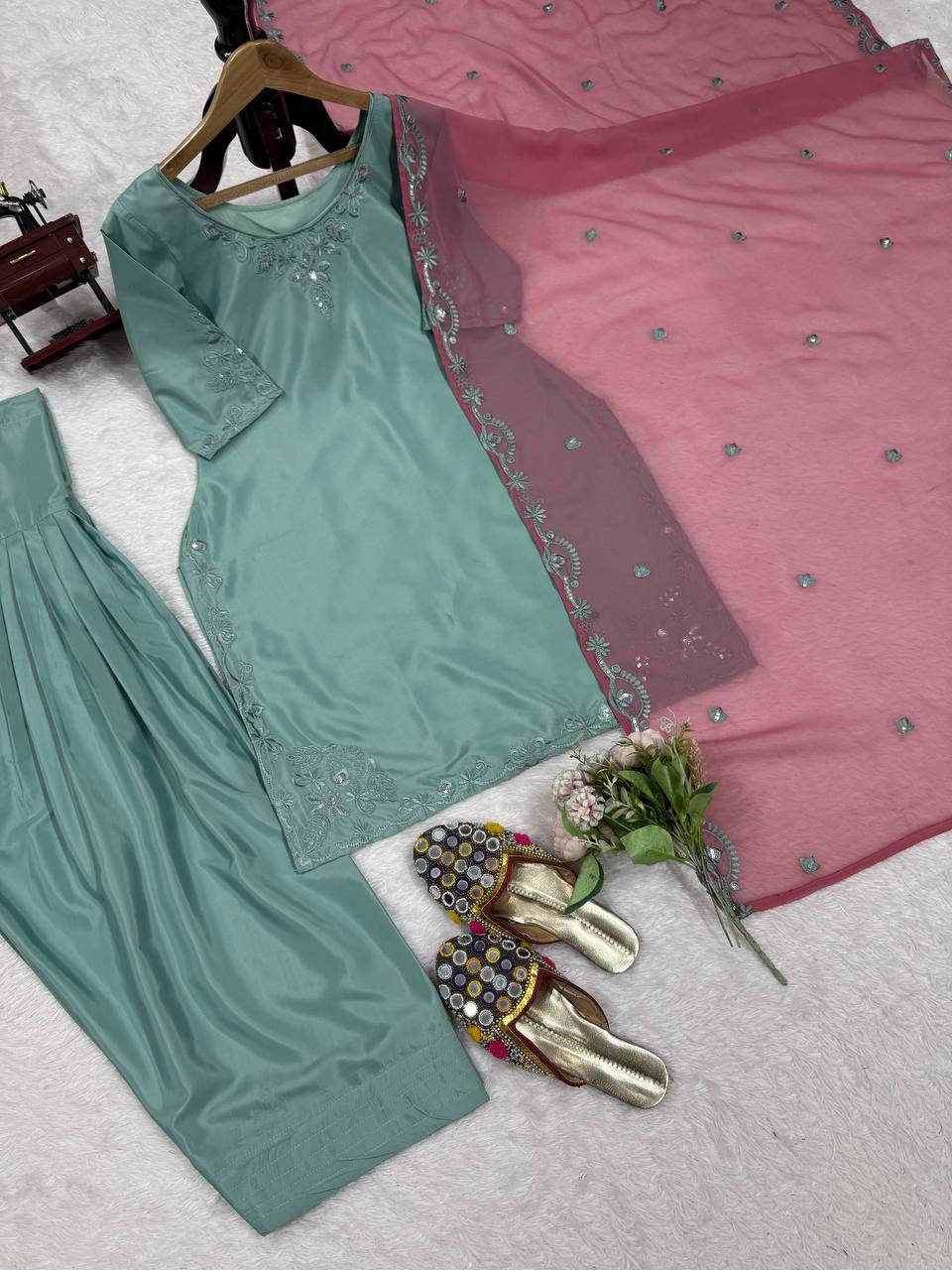 Sky Blue Elegant Natural Crepe Farshi Salwar Suit Set with Thread Work & Georgette Dupatta ClothsVilla
