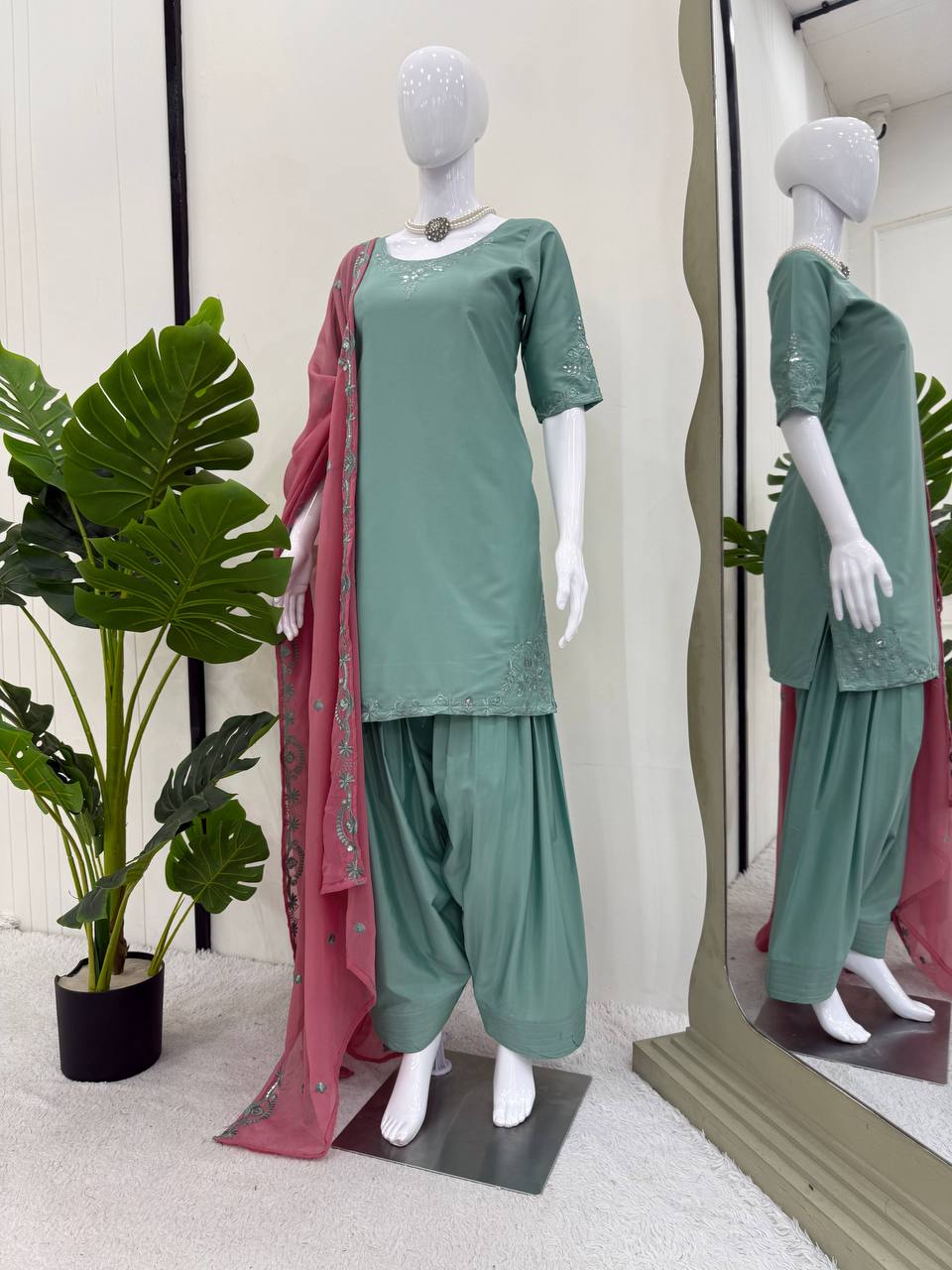 Sky Blue Elegant Natural Crepe Farshi Salwar Suit Set with Thread Work & Georgette Dupatta ClothsVilla