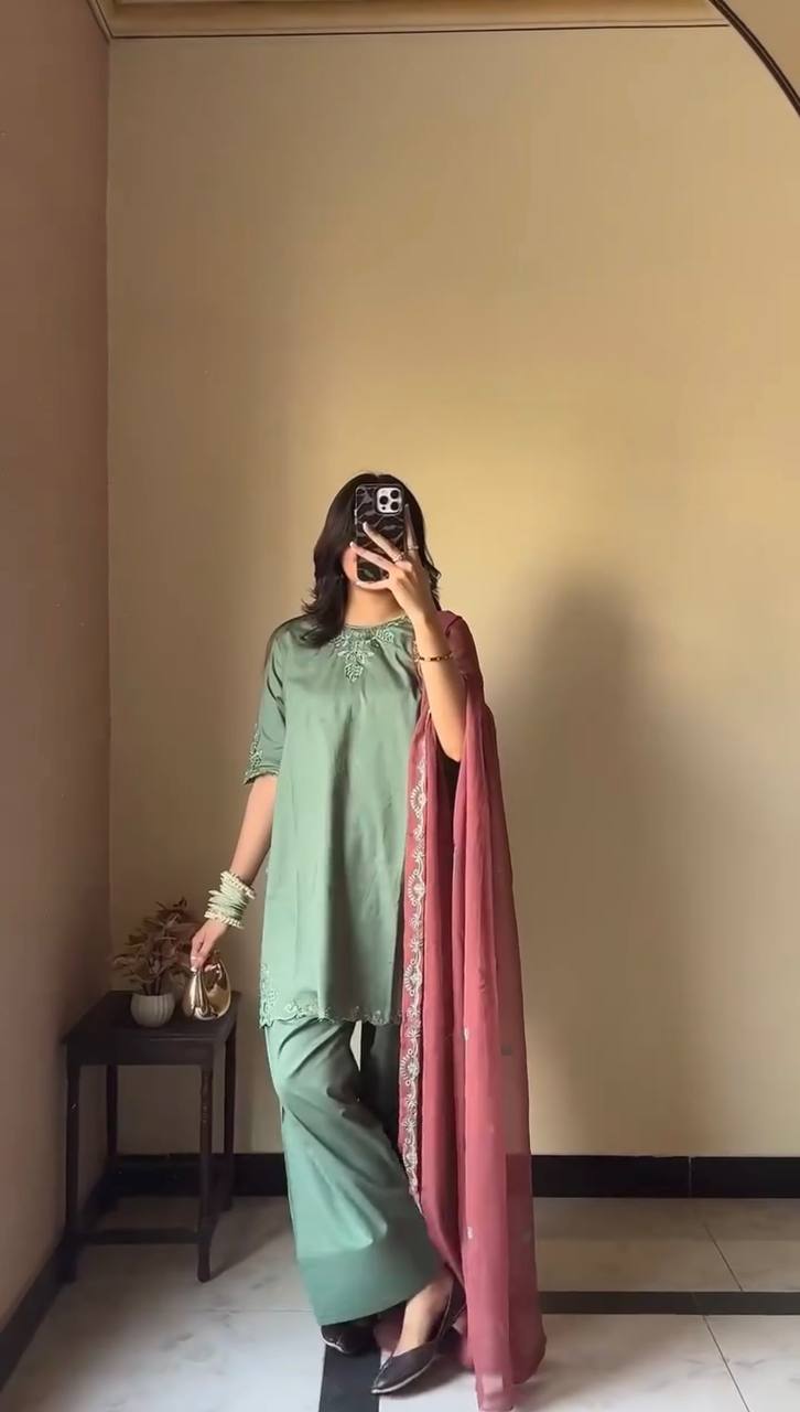 Sky Blue Elegant Natural Crepe Farshi Salwar Suit Set with Thread Work & Georgette Dupatta ClothsVilla Main image