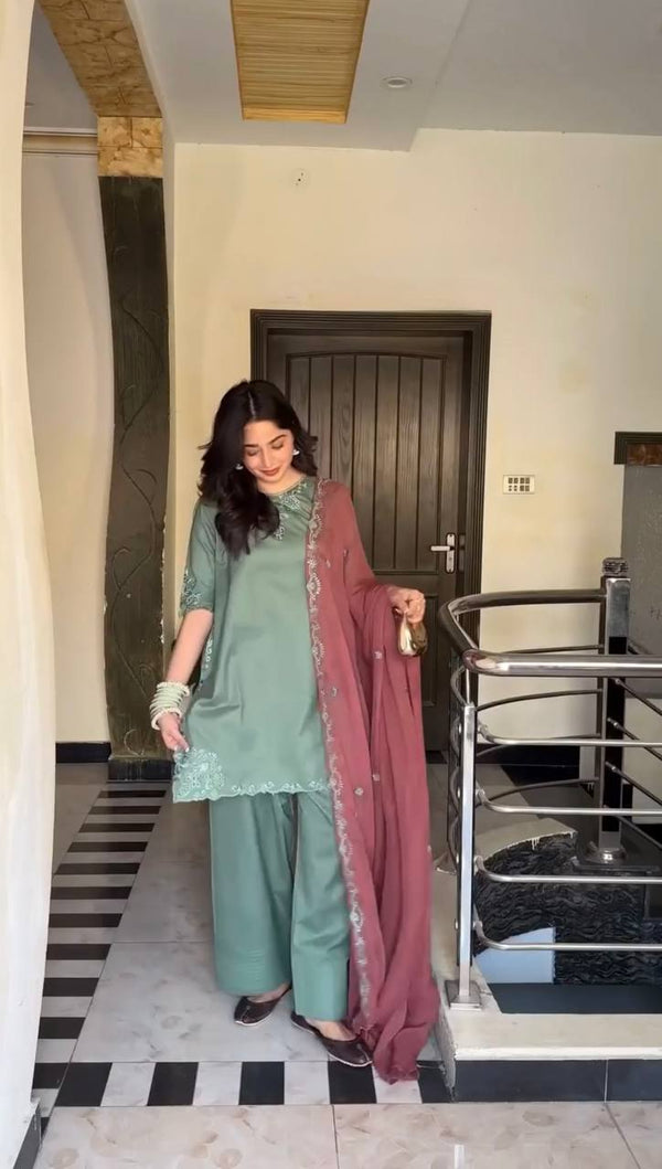 Sky Blue Elegant Natural Crepe Farshi Salwar Suit Set with Thread Work & Georgette Dupatta ClothsVilla