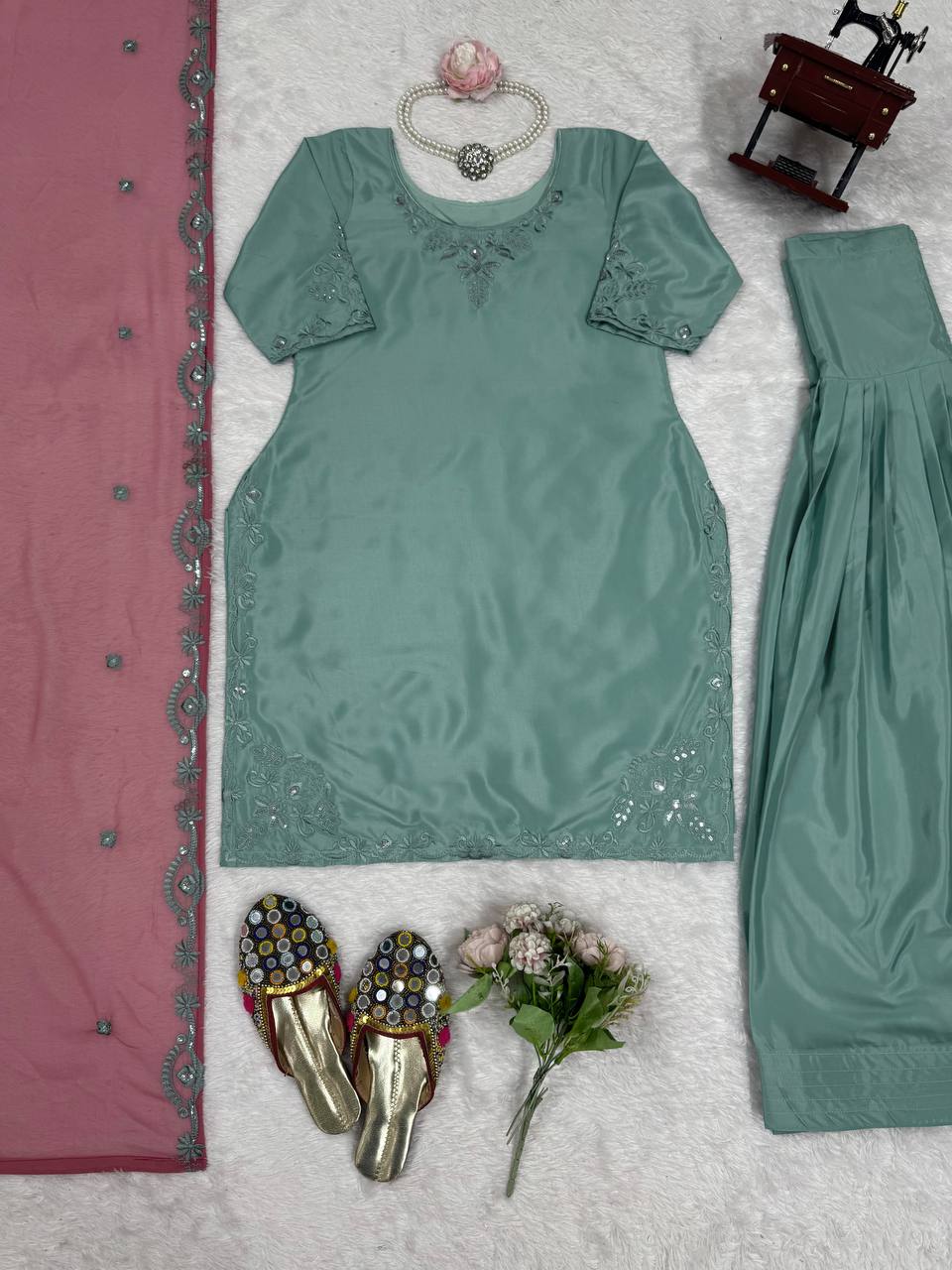 Sky Blue Elegant Natural Crepe Farshi Salwar Suit Set with Thread Work & Georgette Dupatta ClothsVilla