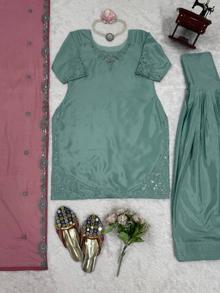 Sky Blue Elegant Natural Crepe Farshi Salwar Suit Set with Thread Work & Georgette Dupatta ClothsVilla