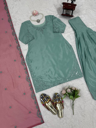 Sky Blue Elegant Natural Crepe Farshi Salwar Suit Set with Thread Work & Georgette Dupatta ClothsVilla