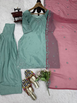 Sky Blue Elegant Natural Crepe Farshi Salwar Suit Set with Thread Work & Georgette Dupatta ClothsVilla