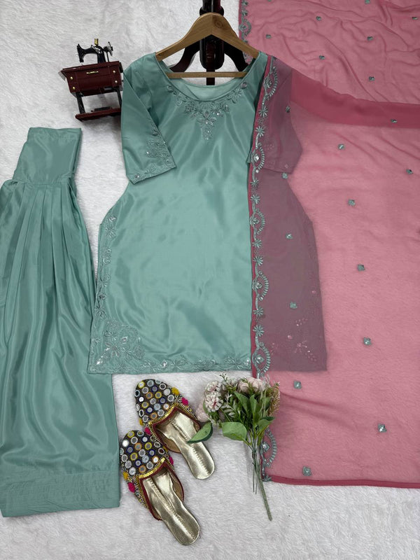 Sky Blue Elegant Natural Crepe Farshi Salwar Suit Set with Thread Work & Georgette Dupatta ClothsVilla