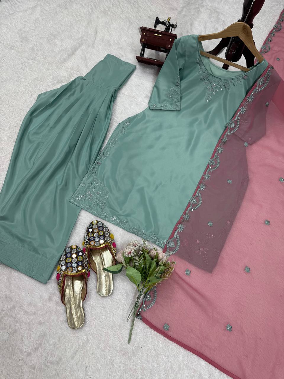 Sky Blue Elegant Natural Crepe Farshi Salwar Suit Set with Thread Work & Georgette Dupatta ClothsVilla