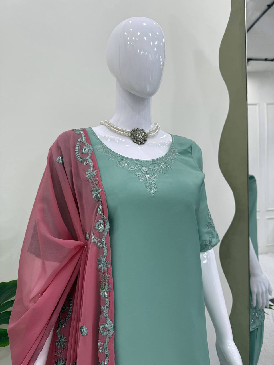 Sky Blue Elegant Natural Crepe Farshi Salwar Suit Set with Thread Work & Georgette Dupatta ClothsVilla