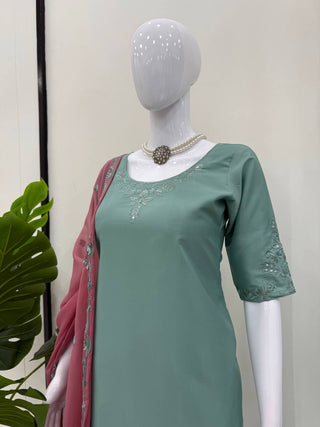 Sky Blue Elegant Natural Crepe Farshi Salwar Suit Set with Thread Work & Georgette Dupatta ClothsVilla