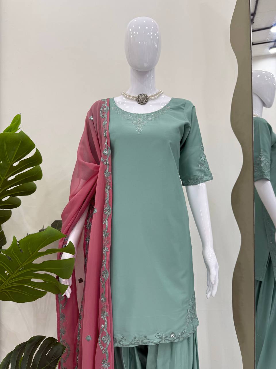 Sky Blue Elegant Natural Crepe Farshi Salwar Suit Set with Thread Work & Georgette Dupatta ClothsVilla