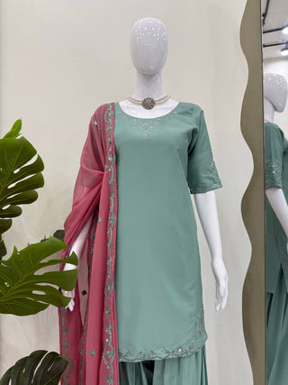 Sky Blue Elegant Natural Crepe Farshi Salwar Suit Set with Thread Work & Georgette Dupatta ClothsVilla