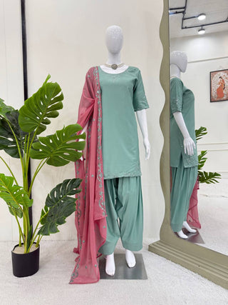 Sky Blue Elegant Natural Crepe Farshi Salwar Suit Set with Thread Work & Georgette Dupatta ClothsVilla