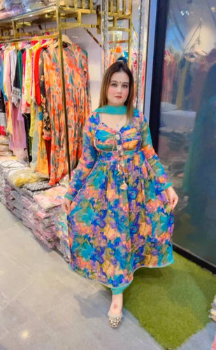 Sky Blue Elegant Padded Naira Cut Chinon Silk Printed Dress with Dupatta – Perfect for Festive and Party Wear Clothsvilla