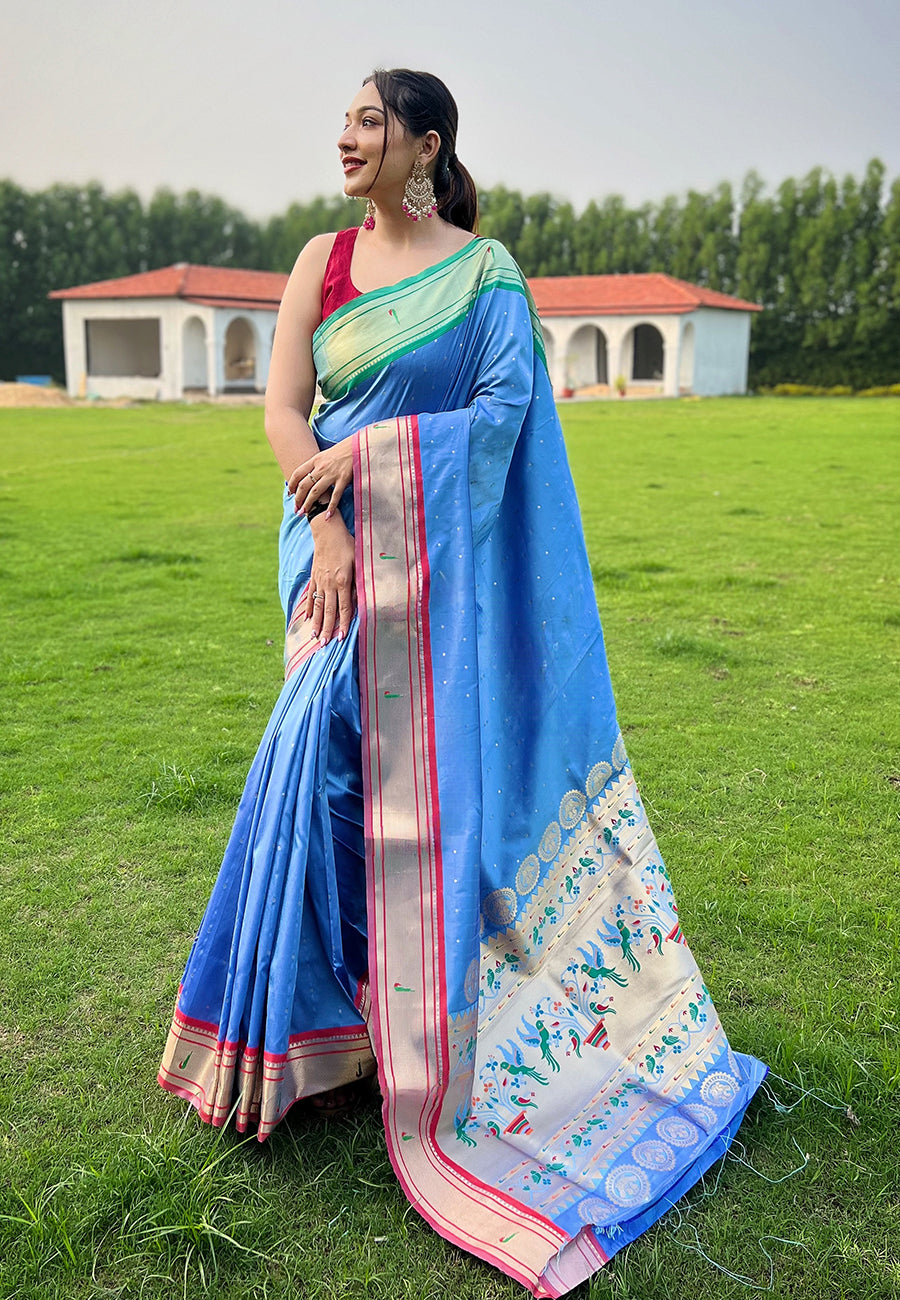 Sky Blue Elegant Paithani Silk Saree with Jacquard Weaving ClothsVilla Main image