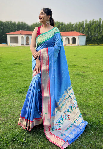 Sky Blue Elegant Paithani Silk Saree with Jacquard Weaving ClothsVilla