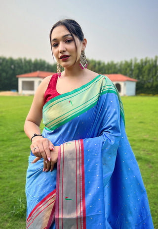 Sky Blue Elegant Paithani Silk Saree with Jacquard Weaving ClothsVilla