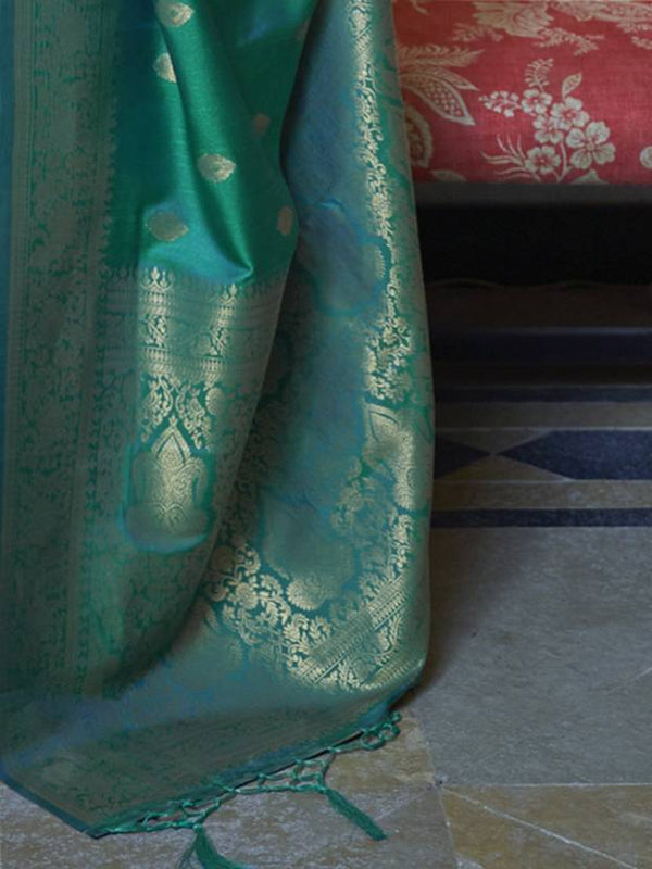 Sky Blue Elegant Printed Chanderi Silk Blend Saree with Tassel Detailing ClothsVilla
