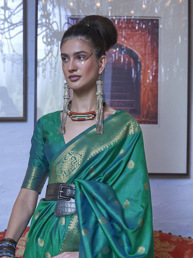 Sky Blue Elegant Printed Chanderi Silk Blend Saree with Tassel Detailing Secondary image