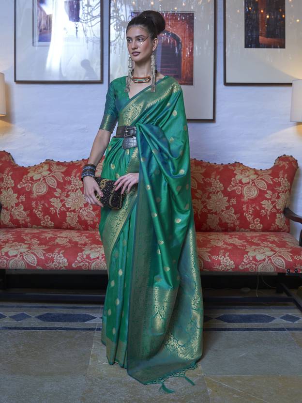 Sky Blue Elegant Printed Chanderi Silk Blend Saree with Tassel Detailing ClothsVilla Main image
