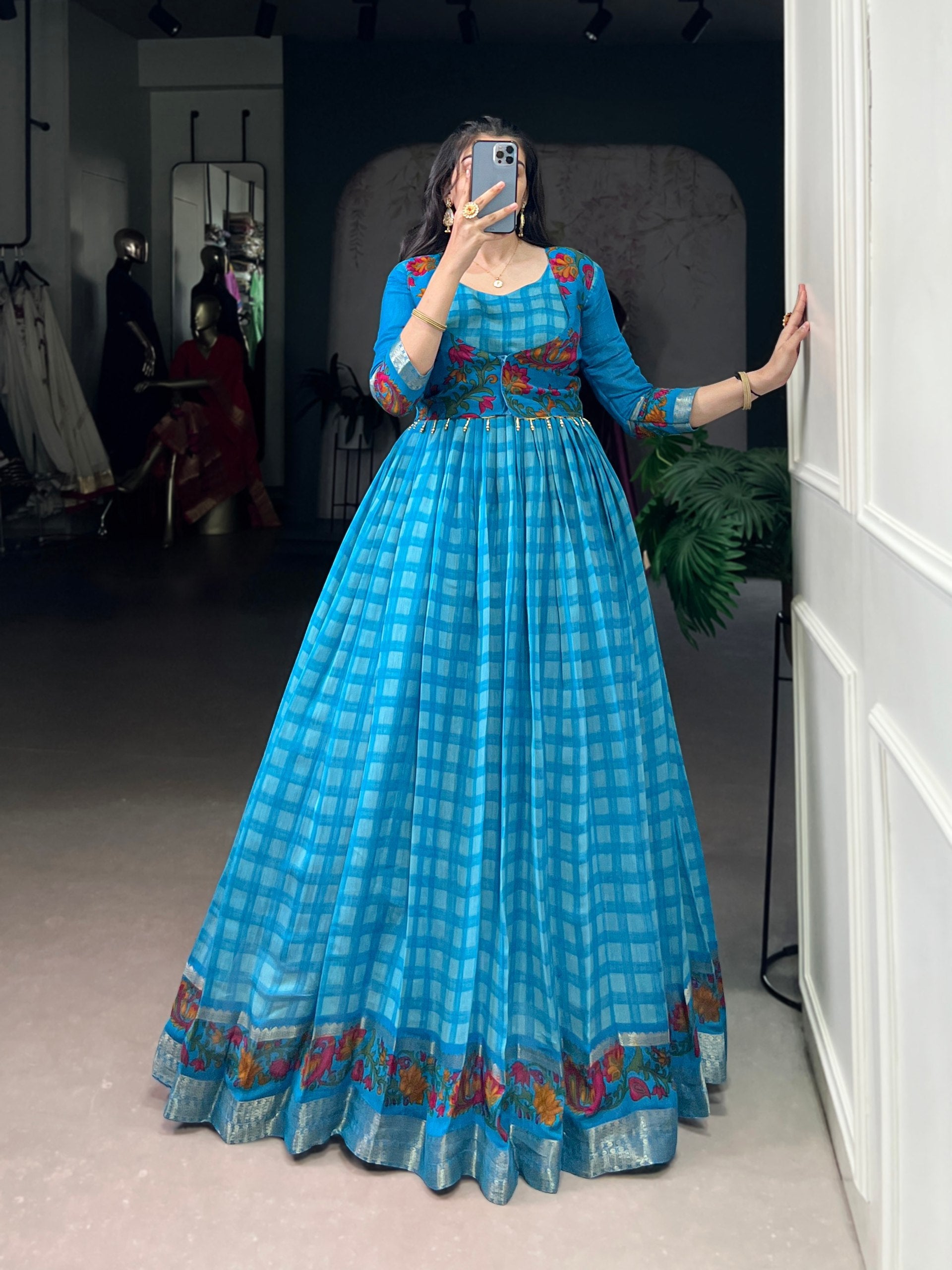 Sky Blue Elegant Printed Polyester Viscose Chanderi Gown with Zari Weaving and Lace-Touched Koti – Stitched Set ClothsVilla Main image