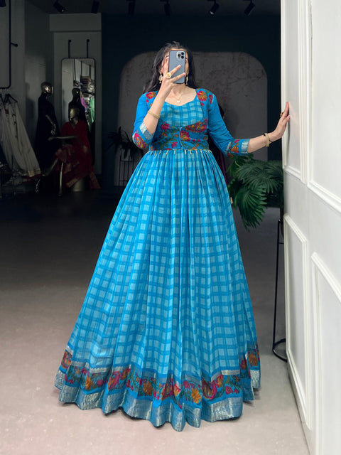 Sky Blue Elegant Printed Polyester Viscose Chanderi Gown with Zari Weaving and Lace-Touched Koti – Stitched Set ClothsVilla Main image