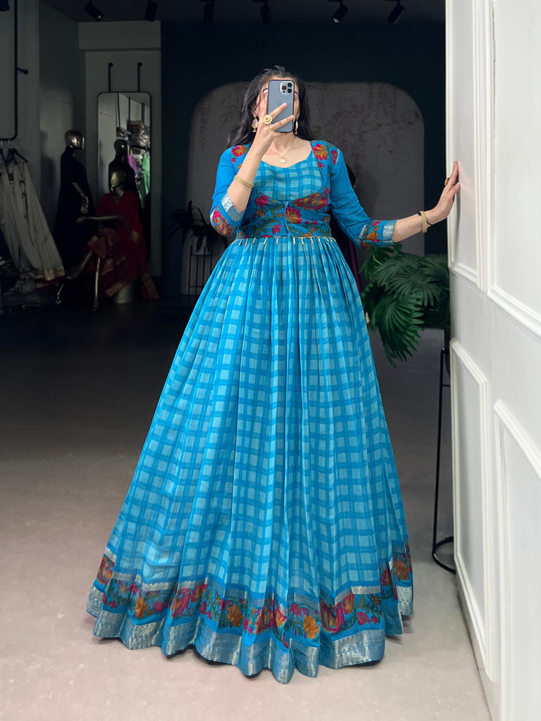 Sky Blue Elegant Printed Polyester Viscose Chanderi Gown with Zari Weaving and Lace-Touched Koti – Stitched Set ClothsVilla