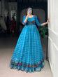 Load image into Gallery viewer, Sky Blue Elegant Printed Polyester Viscose Chanderi Gown with Zari Weaving and Lace-Touched Koti – Stitched Set ClothsVilla
