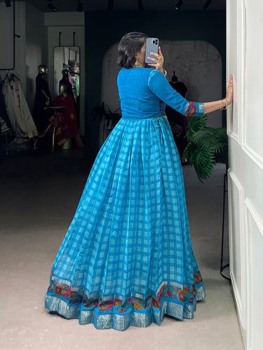 Sky Blue Elegant Printed Polyester Viscose Chanderi Gown with Zari Weaving and Lace-Touched Koti – Stitched Set ClothsVilla