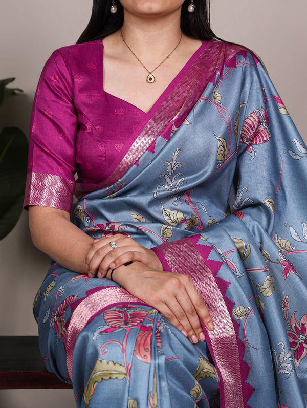 Sky Blue Elegant Printed Silk Saree ClothsVilla
