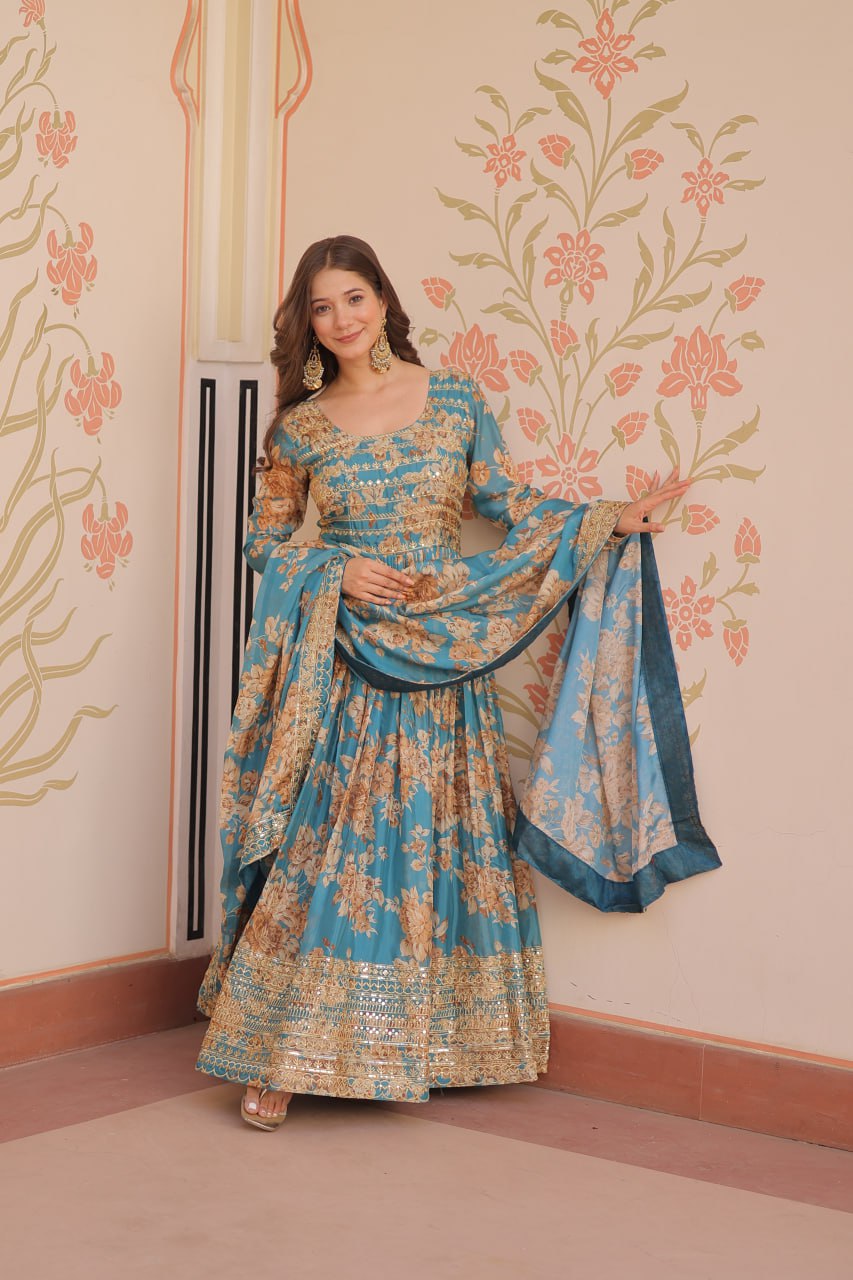 Sky Blue Elegant Russian Silk Digital Print Gown with Embroidered Sequins Work & Dupatta ClothsVilla