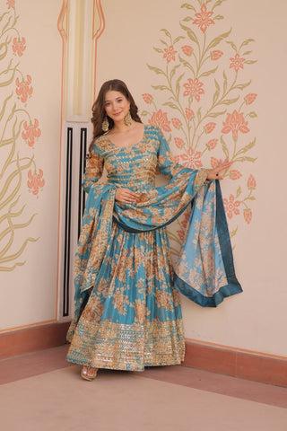 Sky Blue Elegant Russian Silk Digital Print Gown with Embroidered Sequins Work & Dupatta ClothsVilla