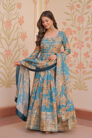 Sky Blue Elegant Russian Silk Digital Print Gown with Embroidered Sequins Work & Dupatta ClothsVilla