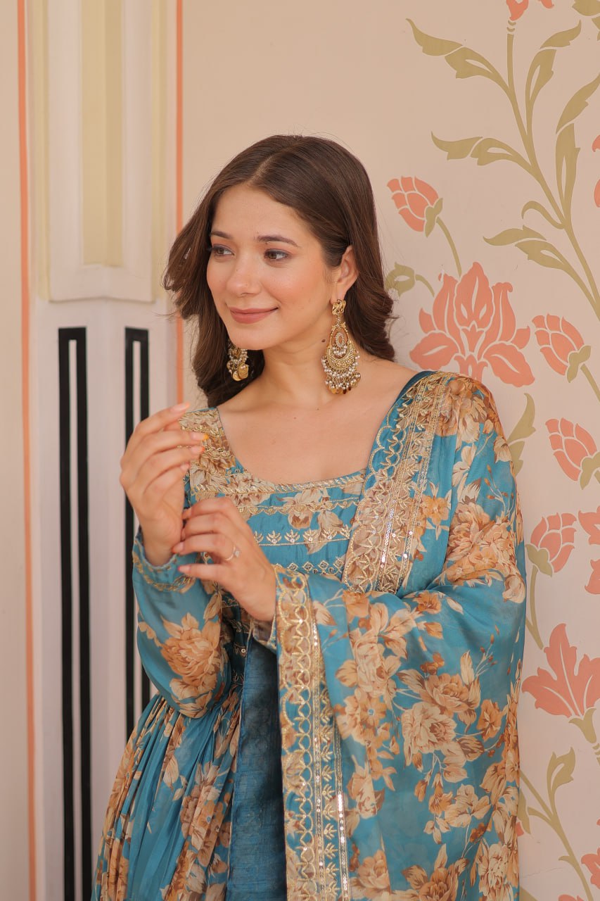 Sky Blue Elegant Russian Silk Digital Print Gown with Embroidered Sequins Work & Dupatta ClothsVilla
