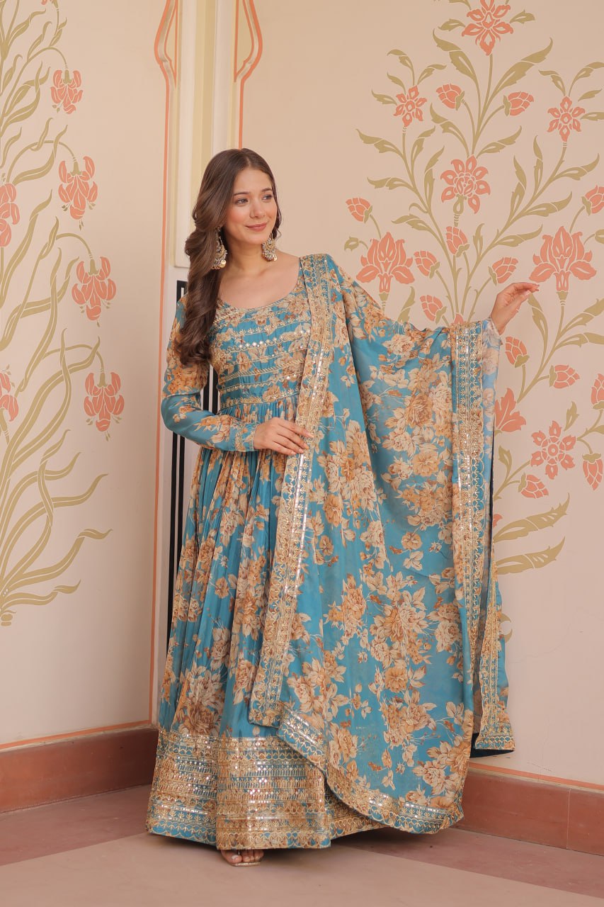 Sky Blue Elegant Russian Silk Digital Print Gown with Embroidered Sequins Work & Dupatta ClothsVilla