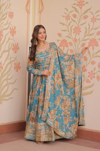 Sky Blue Elegant Russian Silk Digital Print Gown with Embroidered Sequins Work & Dupatta ClothsVilla
