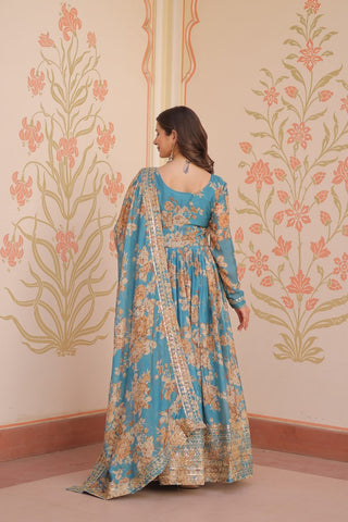 Sky Blue Elegant Russian Silk Digital Print Gown with Embroidered Sequins Work & Dupatta ClothsVilla