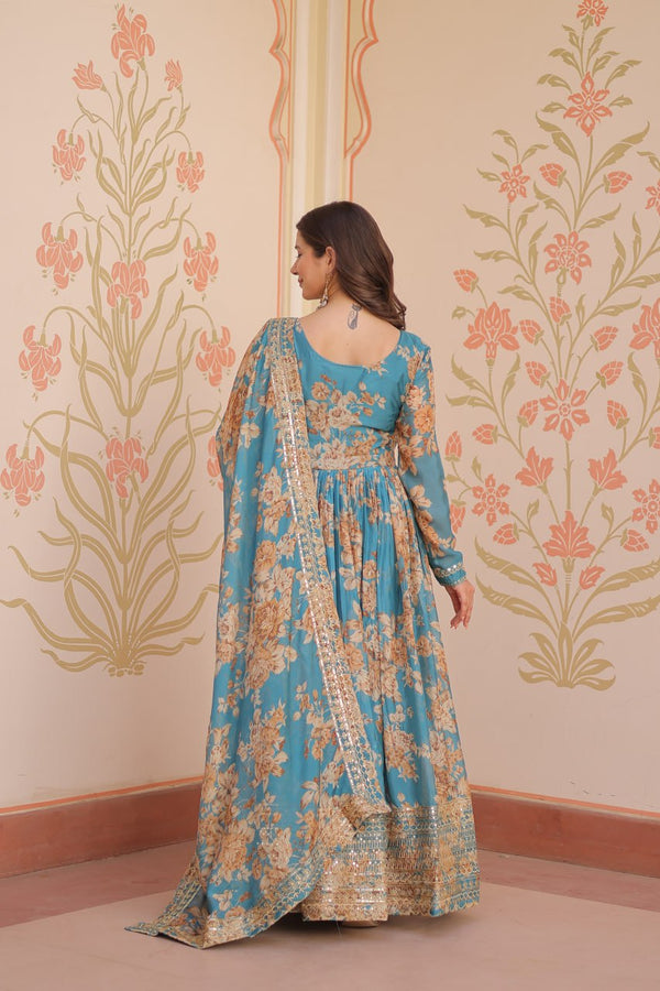 Sky Blue Elegant Russian Silk Digital Print Gown with Embroidered Sequins Work & Dupatta ClothsVilla