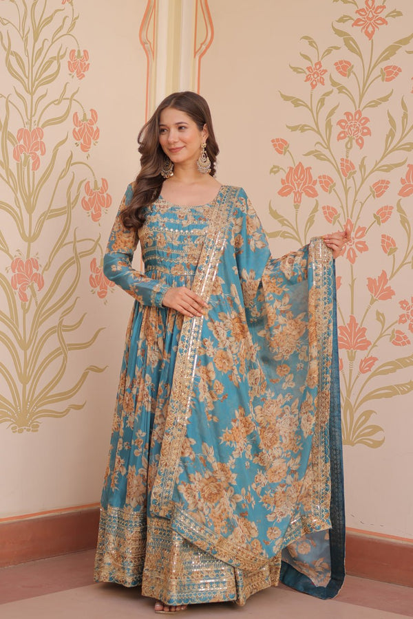 Sky Blue Elegant Russian Silk Digital Print Gown with Embroidered Sequins Work & Dupatta ClothsVilla