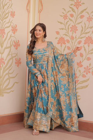 Sky Blue Elegant Russian Silk Digital Print Gown with Embroidered Sequins Work & Dupatta ClothsVilla