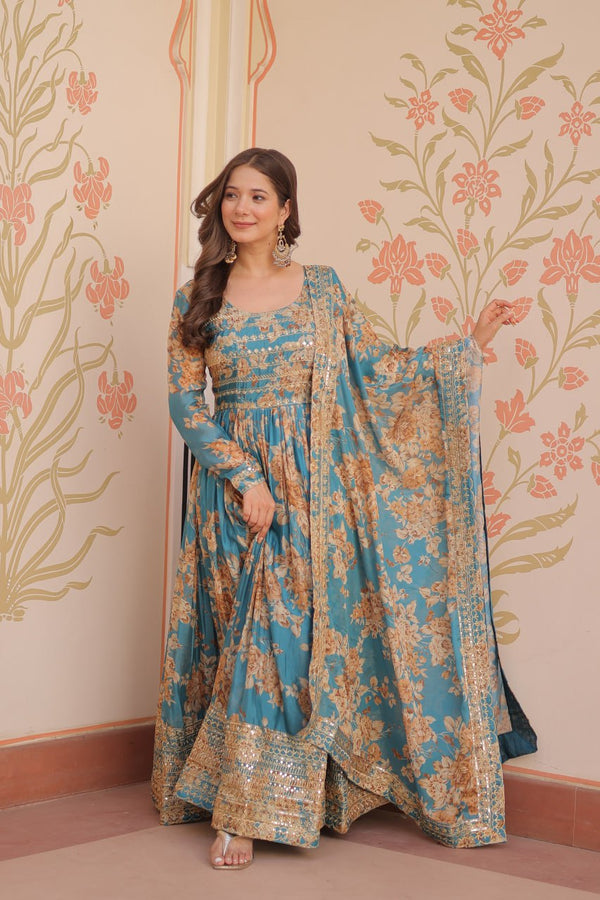 Sky Blue Elegant Russian Silk Digital Print Gown with Embroidered Sequins Work & Dupatta ClothsVilla