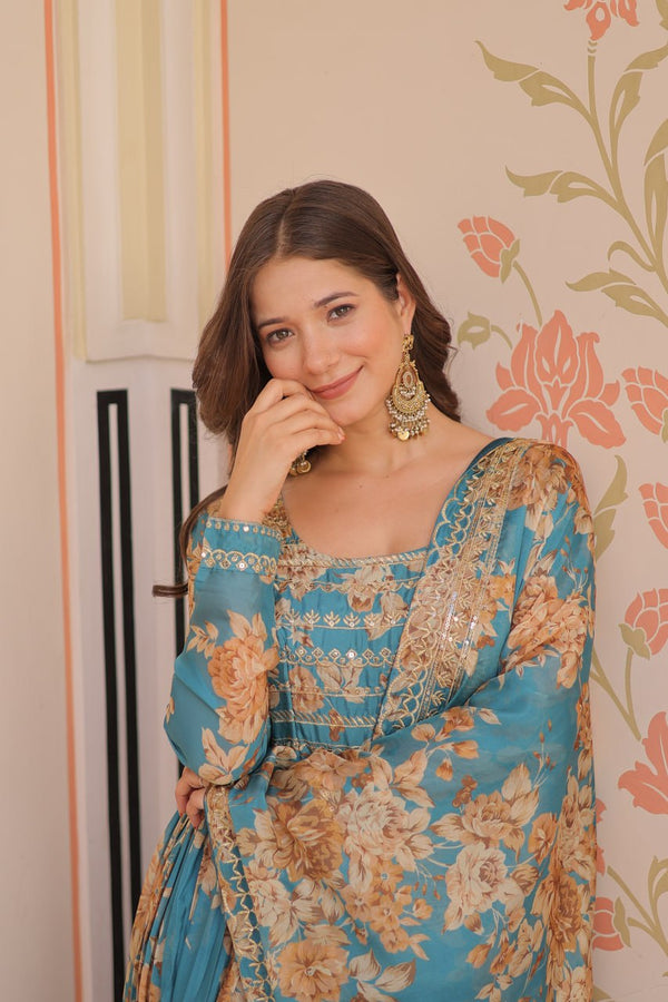 Sky Blue Elegant Russian Silk Digital Print Gown with Embroidered Sequins Work & Dupatta ClothsVilla