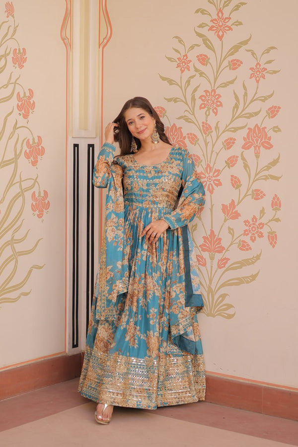 Sky Blue Elegant Russian Silk Digital Print Gown with Embroidered Sequins Work & Dupatta ClothsVilla