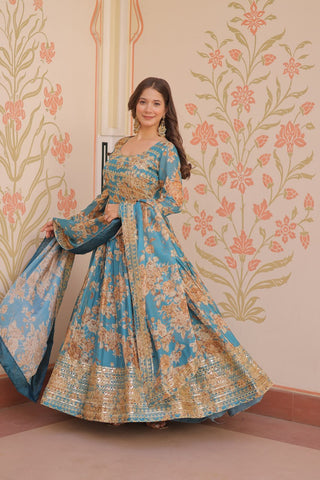 Sky Blue Elegant Russian Silk Digital Print Gown with Embroidered Sequins Work & Dupatta ClothsVilla
