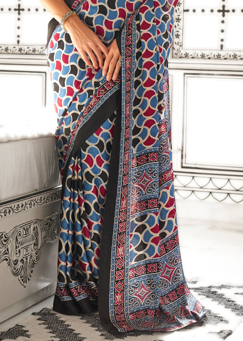 Sky Blue Elegant Satin Crepe Saree – Luxurious & Graceful Drape ClothsVilla