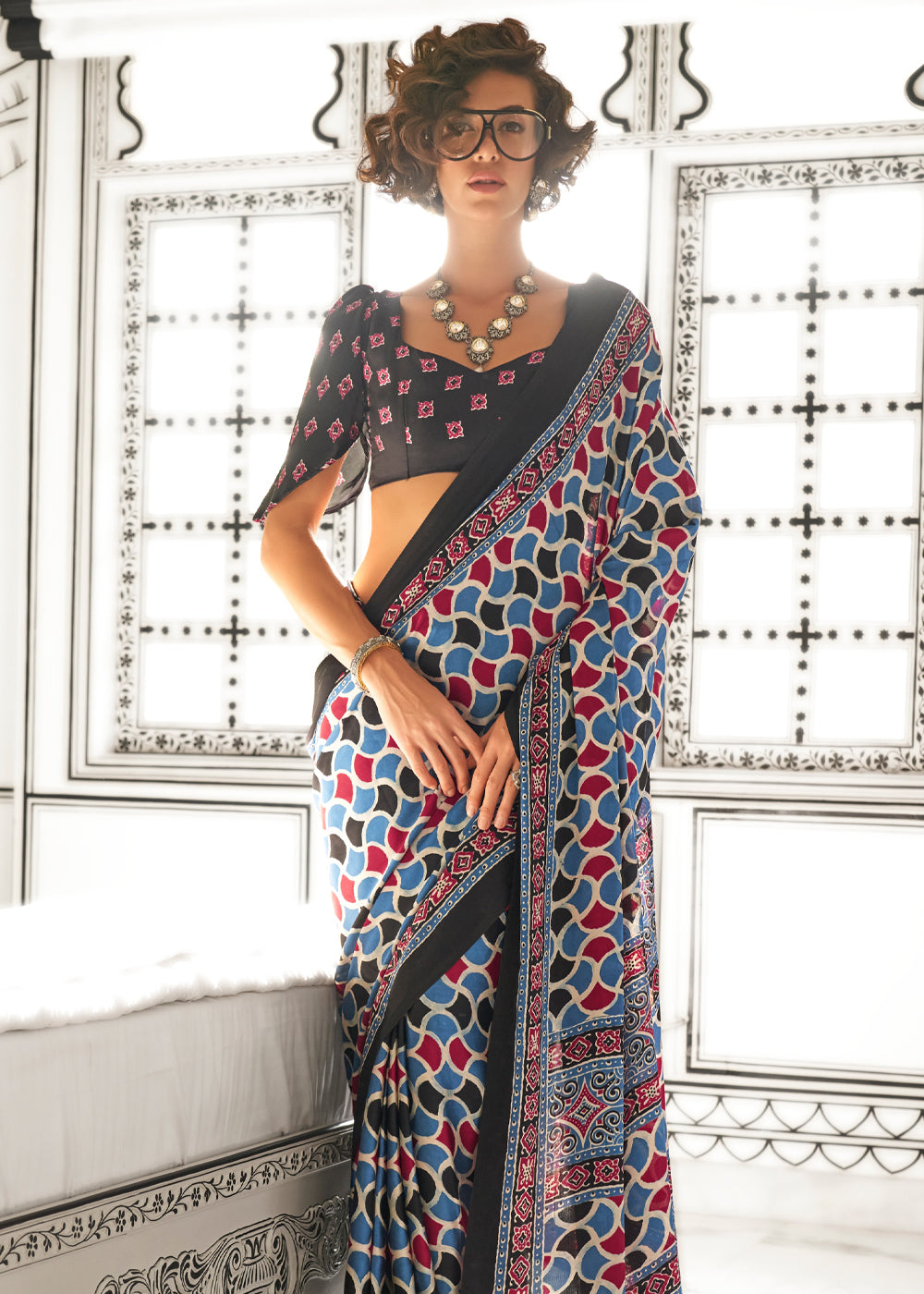 Sky Blue Elegant Satin Crepe Saree – Luxurious & Graceful Drape ClothsVilla