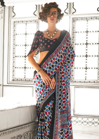 Sky Blue Elegant Satin Crepe Saree – Luxurious & Graceful Drape ClothsVilla