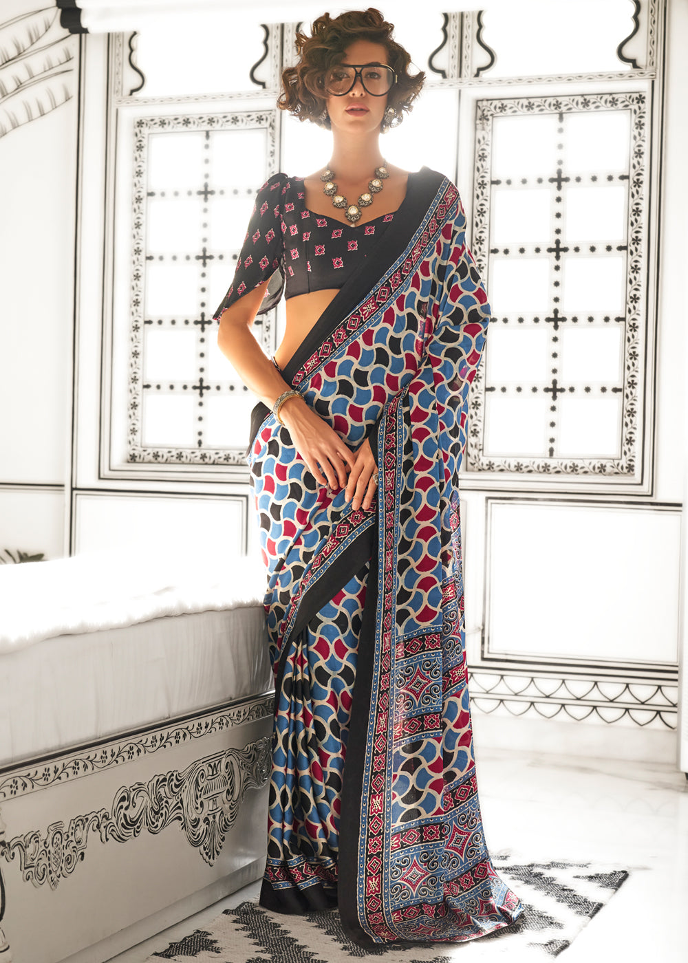 Sky Blue Elegant Satin Crepe Saree – Luxurious & Graceful Drape ClothsVilla Main image