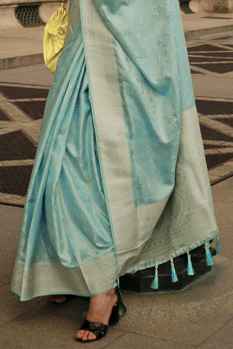 Sky Blue Elegant Satin Silk Blend Saree with Matching Blended Silk Blouse Piece ClothsVilla