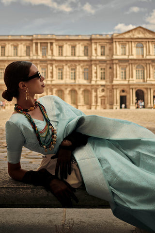 Sky Blue Elegant Satin Silk Blend Saree with Matching Blended Silk Blouse Piece ClothsVilla